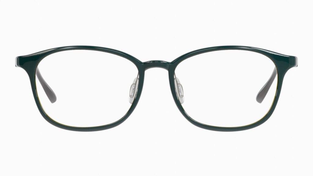 3D render of dark green eyeglasses, front view