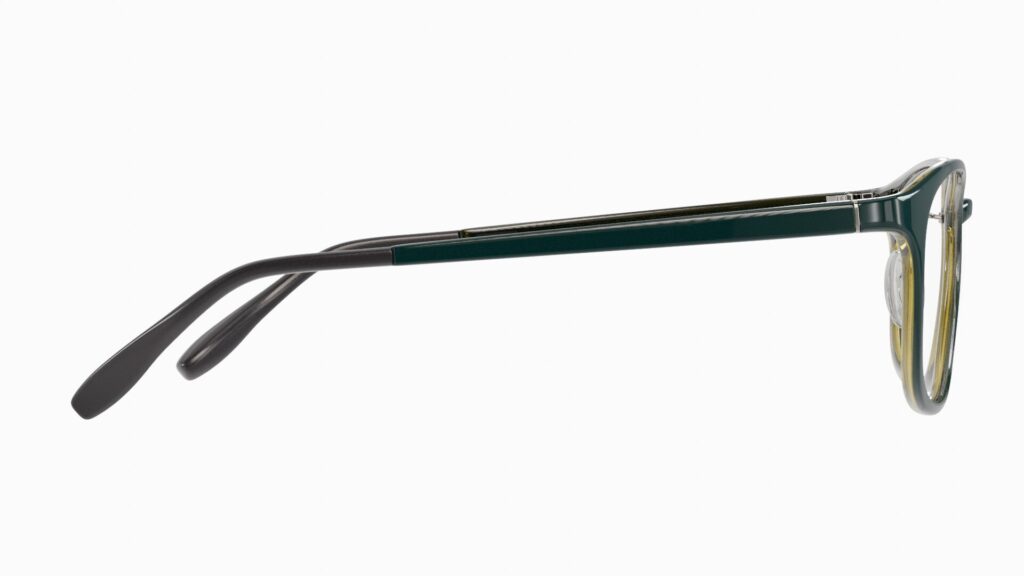 3D render of dark green eyeglasses, side view