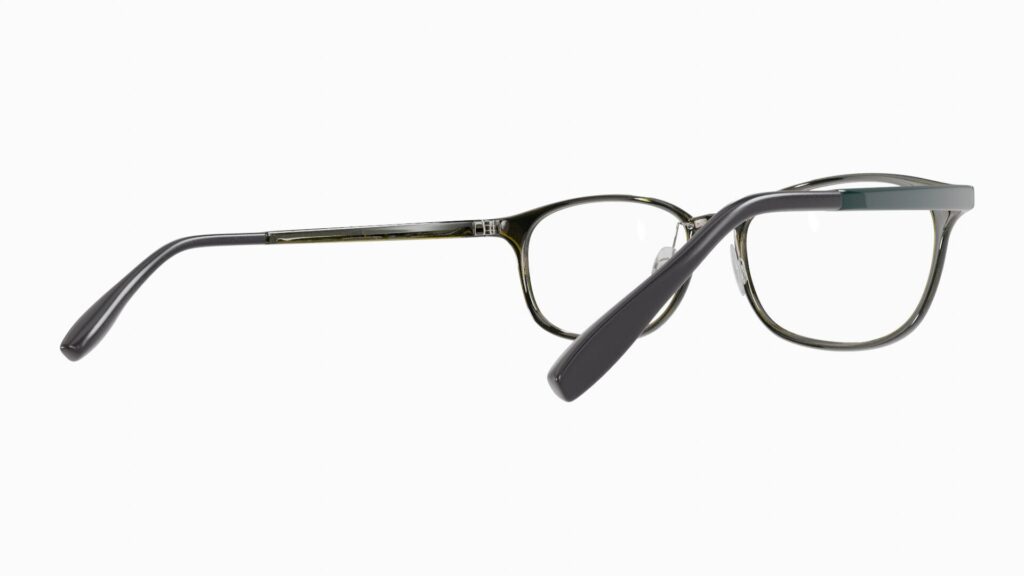 3D render of dark green eyeglasses, angled view