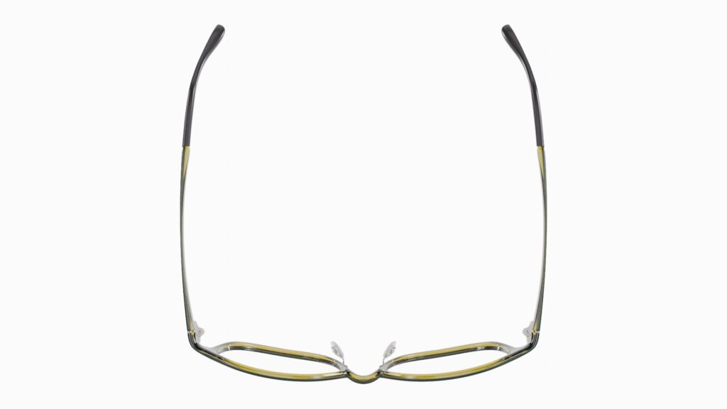 3D render of dark green eyeglasses from above with the temples open