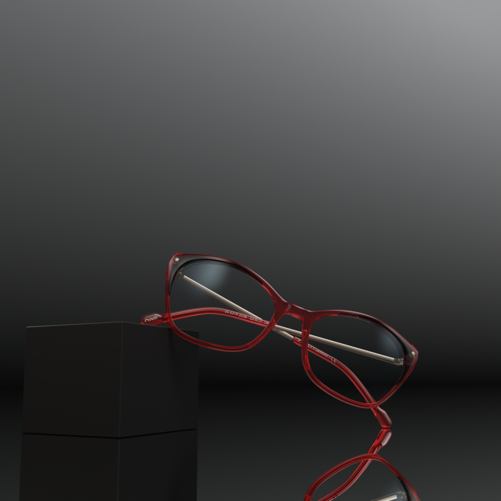 3D render of red eyeglasses on a black pedestal