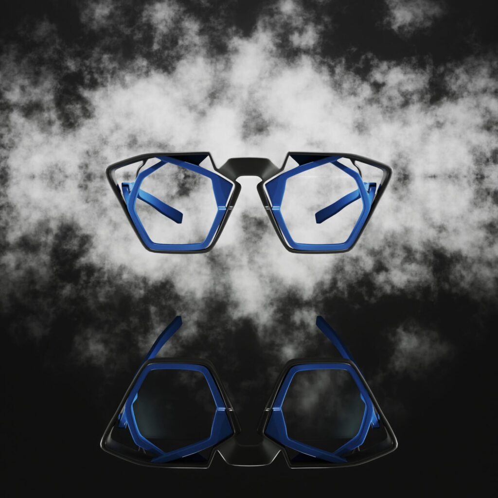 3D render of blue geometric eyeglasses among clouds
