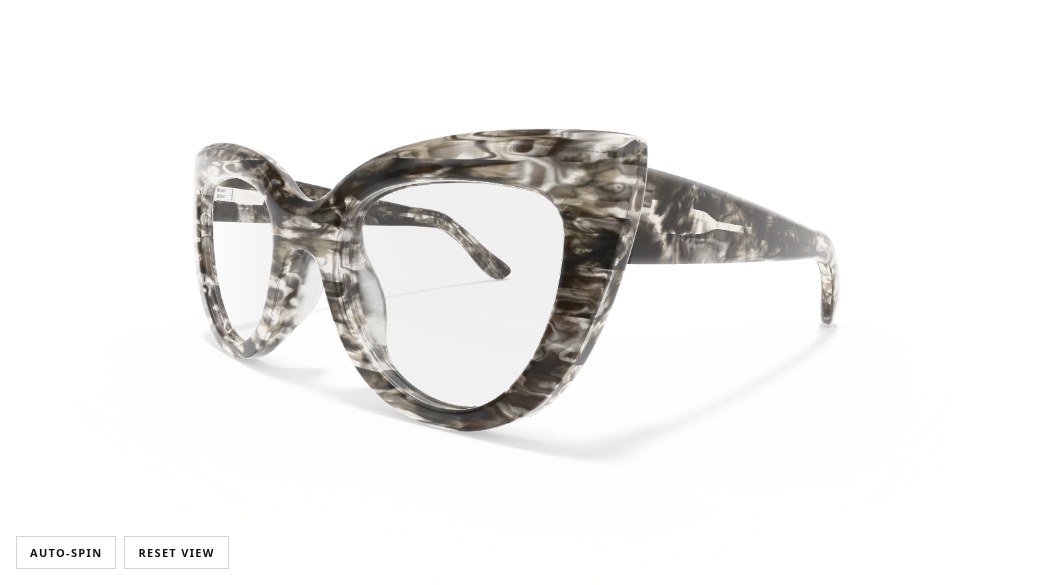 Interactive 3D viewer showing grey marbled acetate cat-eye glasses, with auto-spin and reset controls