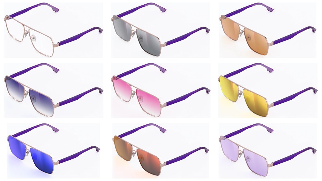 Grid of rendered product photos of one metal aviator frame with nine different lens tints