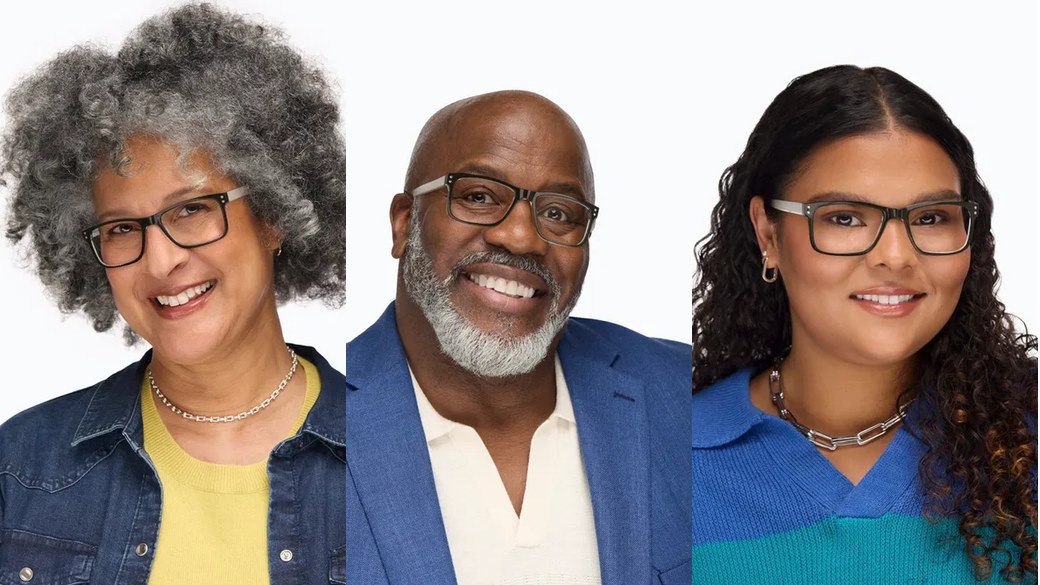 The same rendered glasses shown on three different people