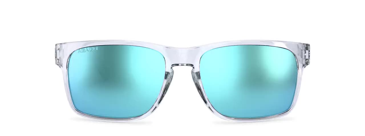 360 spin of clear acetate sunglasses with Caribbean blue mirror lenses, rendered from a 3D model