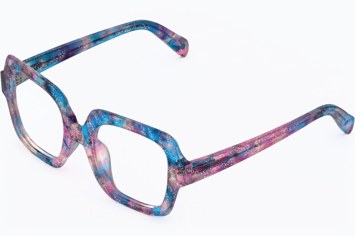 3D render of blue and pink marbled acetate square eyeglasses, three-quarter view