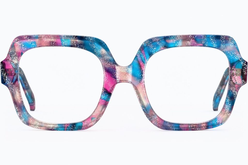 3D render of blue and pink marbled acetate square eyeglasses, front view