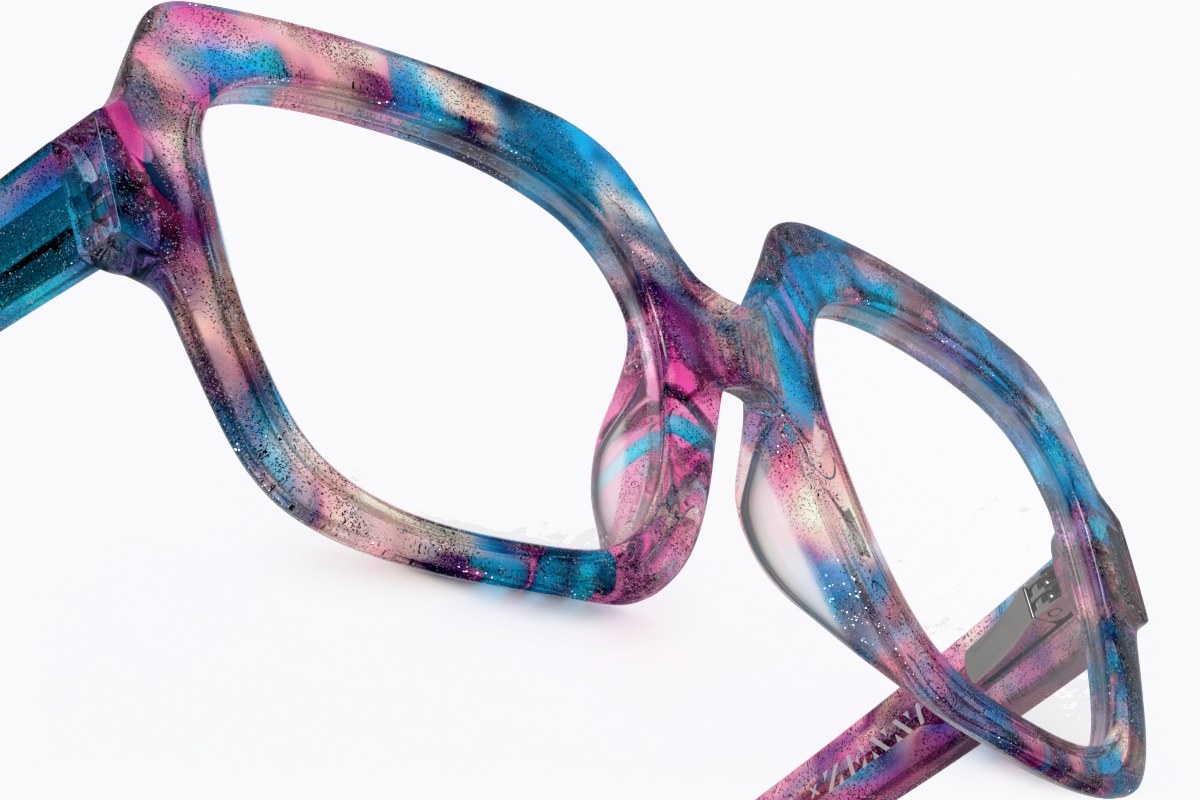 3D render close-up of blue and pink marbled acetate square eyeglasses