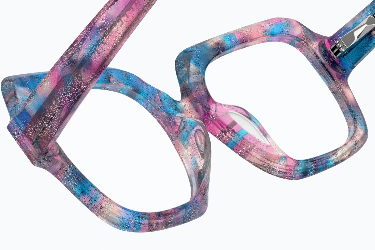 3D render looking through blue and pink marbled acetate square eyeglasses
