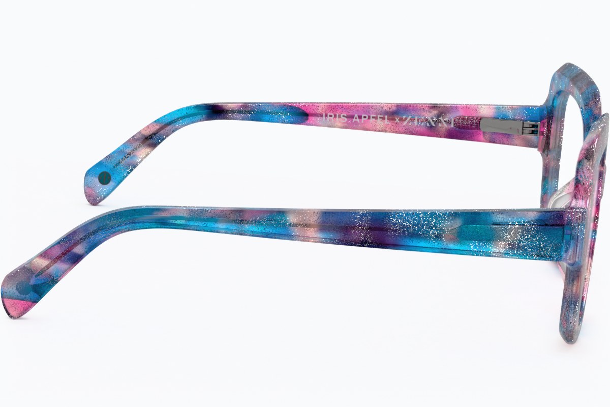 3D render of blue and pink marbled acetate square eyeglasses, side view