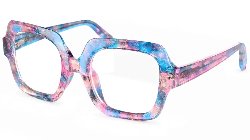 3D render of blue and pink marbled acetate square eyeglasses, angled view