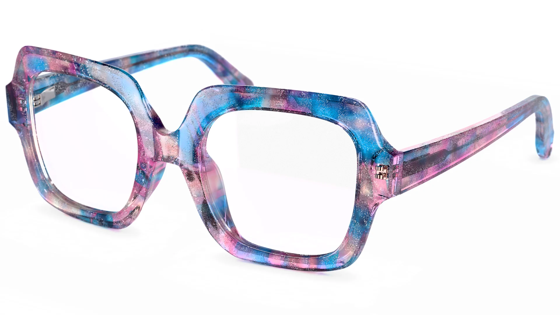 3D render of blue and pink marbled acetate square eyeglasses, angled view