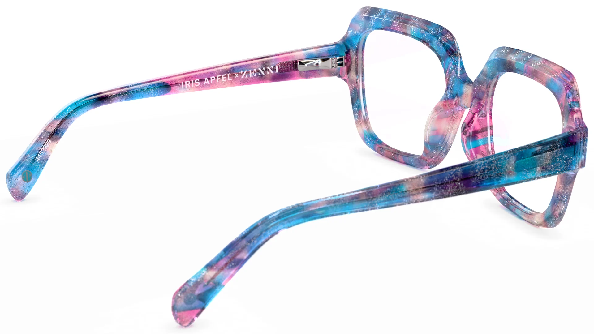 3D render of blue and pink marbled acetate square eyeglasses, rear view showing temple logo