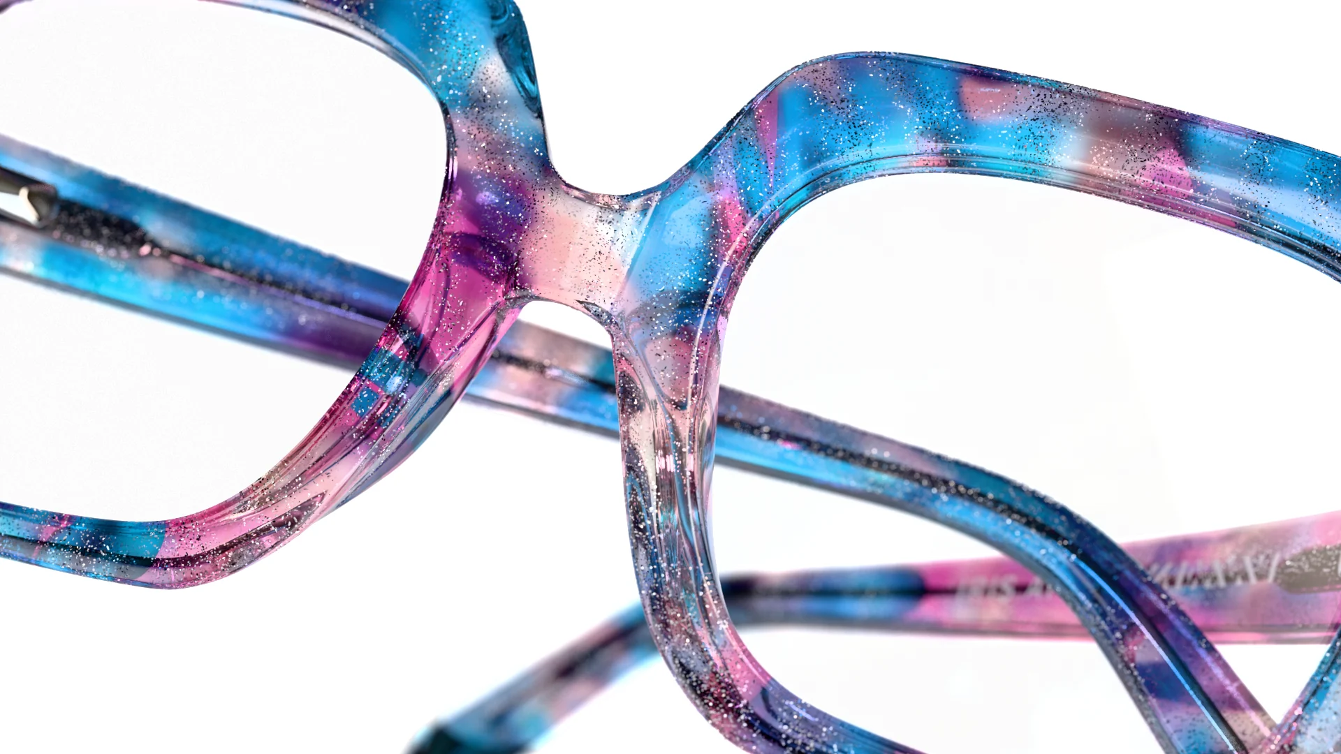 3D render close-up of blue and pink marbled acetate square eyeglasses bridge and lens rim
