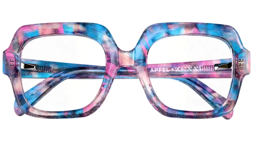 3D render of blue and pink marbled acetate square eyeglasses, folded, front view