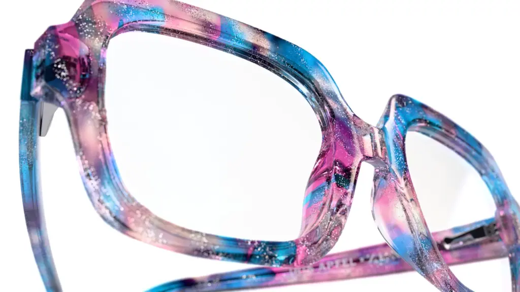 3D render of blue and pink marbled acetate square eyeglasses, low dramatic angle